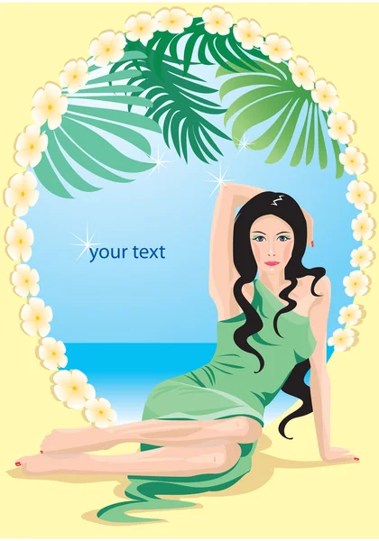 Cadre ovale avec belle femme et paysage de sade de mer — Image vectorielle