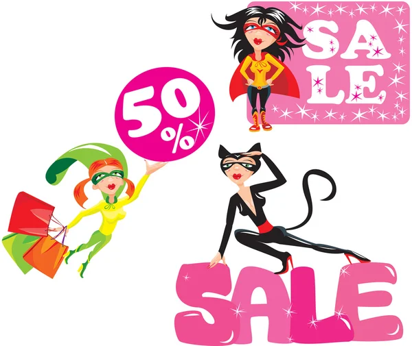 Verkaufskonzept - eine Reihe lustiger Cartoons Superhelden-Mädchen — Stockvektor