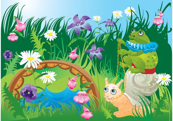 青蛙骑蜗牛-童话插图 — 图库矢量图片