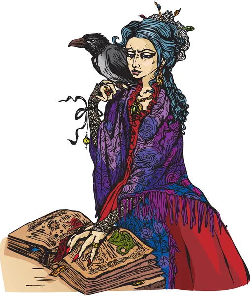 Γυναίκα μάγισσα με μαύρο κοράκι διαβάζοντας αρχαίο μαγικό βιβλίο — Διανυσματικό Αρχείο