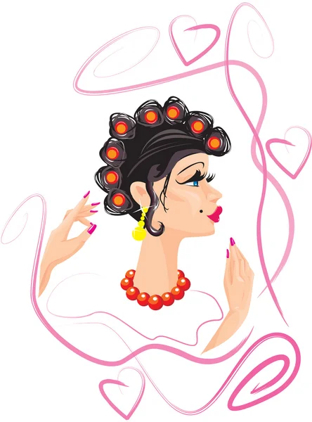 Drôle de dessin animé femme avec des rouleaux de cheveux — Image vectorielle