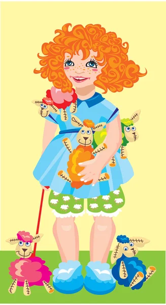 小女孩用彩色的玩具羊 — 图库矢量图片