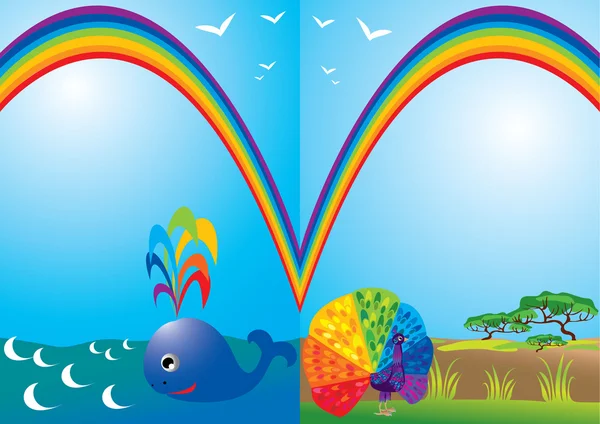 组纵向框架与彩虹、 鲸鱼和孔雀 — 图库矢量图片