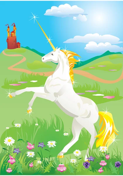 Vita unicorn uppfödning upp på bakbenen på vackra äng med vilda flo — Stock vektor