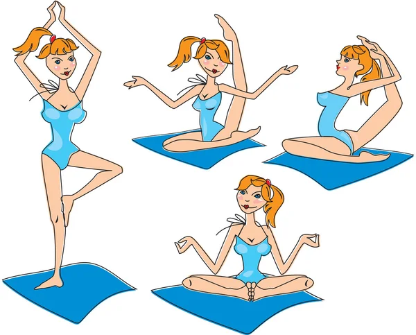 Lustige Mädchen Cartoon praktizieren Yoga — Stockvektor