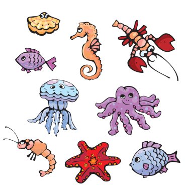 Set of cartoon fish, shell, seahorse, craw fish clipart