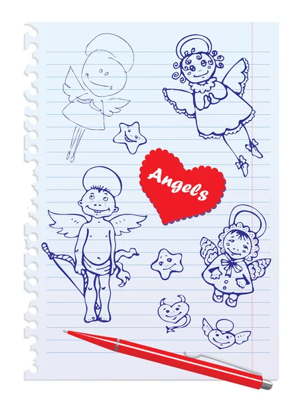Conjunto de ángeles esbozados dibujados a mano en el fondo de papel de cuaderno forrado — Vector de stock
