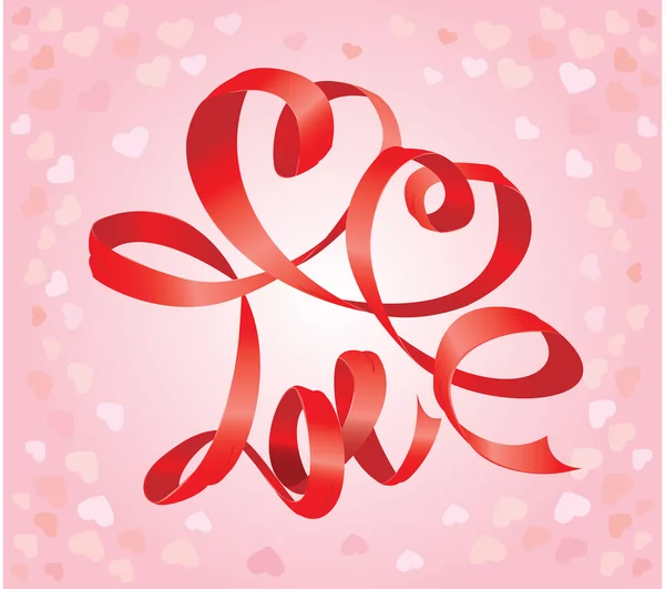 Открытка ко Дню Святого Валентина с сердечками и словом ЛЮБОВЬ сделана красной лентой — стоковый вектор