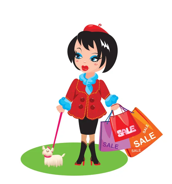 Rolig tjej med hund shoppa i försäljning tid — Stock vektor