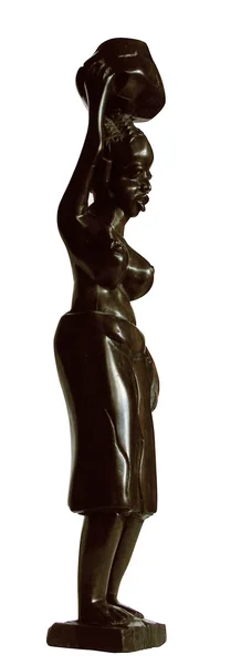 非洲木制雕像-水罐在她头上的女人-白背上孤立 — 图库照片