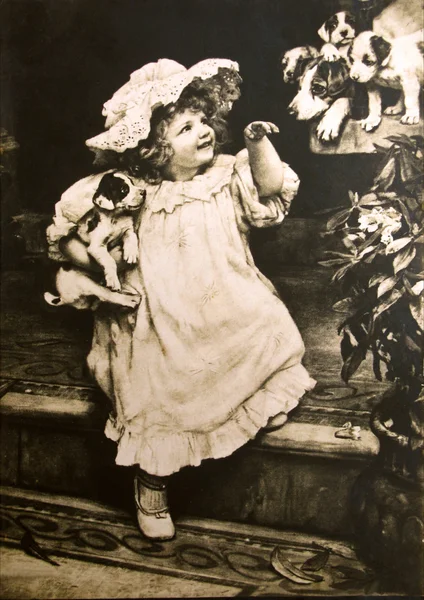 Vintage ansichtkaart van een klein meisje met honden, circa 1884. — Stockfoto