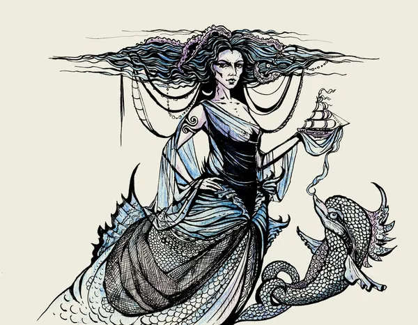 Gravura com deusa do oceano e golfinho — Fotografia de Stock