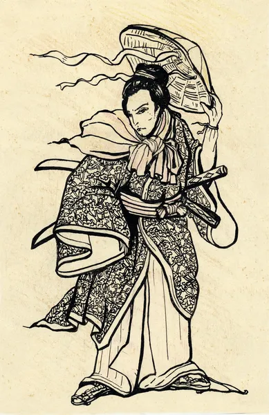 Иллюстрация самурайского воина с мечом катаны и шляпой — стоковое фото