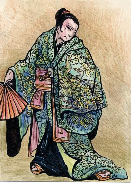 Abbildung eines Samurai-Kriegers mit Katana-Schwert und Fächer — Stockfoto