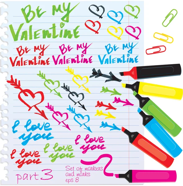 Conjunto de diferentes marcadores de colores Diseño de San Valentín — Vector de stock