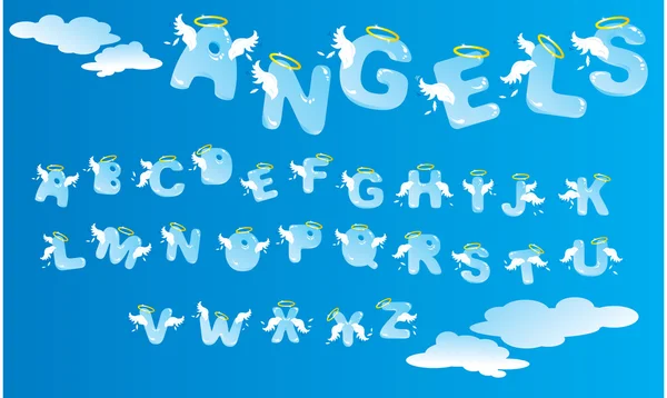 Alfabet z zabawnymi aniołami literami i chmurami — Wektor stockowy