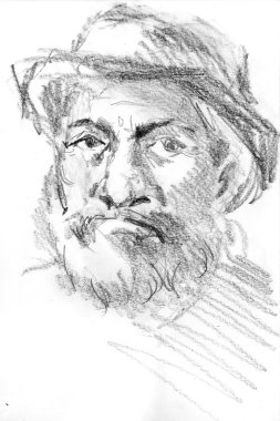 Middle age man`s portrait with hat, hand drawn sketch by pencil clipart