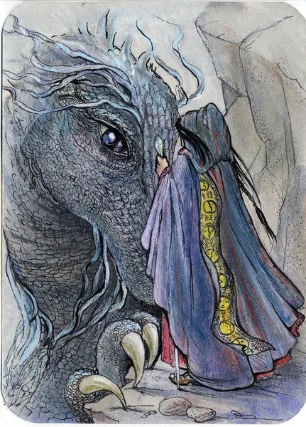 Dragon ve toplantı Sihirbazı. — Stok fotoğraf