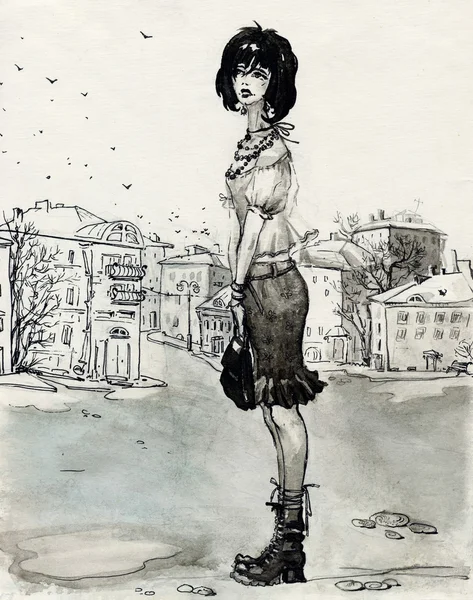 Εικόνα της μια μοναχική κοπέλα σε ένα δρόμο της πόλης — Φωτογραφία Αρχείου