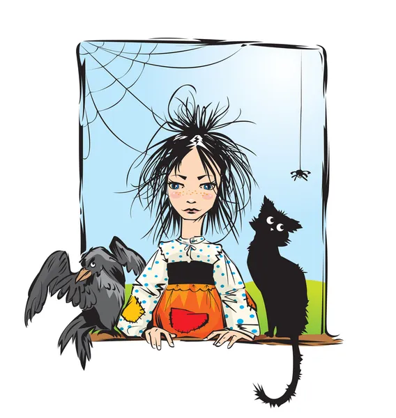 Μωρό μάγισσα με μαύρη γάτα, το κοράκι και αράχνη Κοιτώντας έξω από το παράθυρο — Διανυσματικό Αρχείο