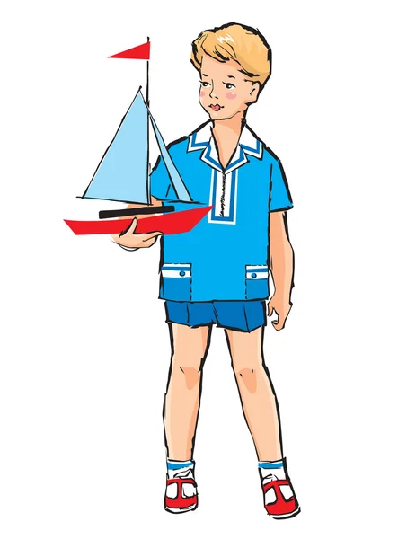 Ескіз гарненького хлопчика з моделлю човна — стоковий вектор