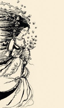 Ink Illustration of a female allegory of spring with flowers and butterflie clipart
