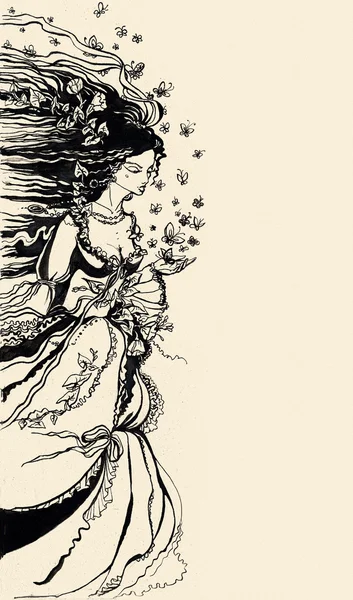Ilustrace inkoustu ženské alegorie jara s květinami a butterflie — Stock fotografie