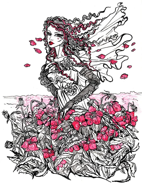 Inkt illustratie van een vrouwelijke allegorie van de zomer — Stockfoto