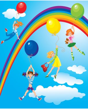 Cute girls flying away on balloons on sky background clipart