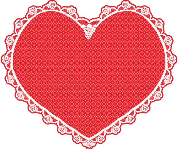 Pizzo a forma di cuore Centrino, bianco su sfondo rosso — Vettoriale Stock