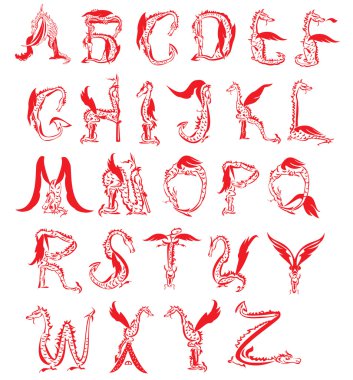 Dragon alphabet, fantasy dragon font clipart