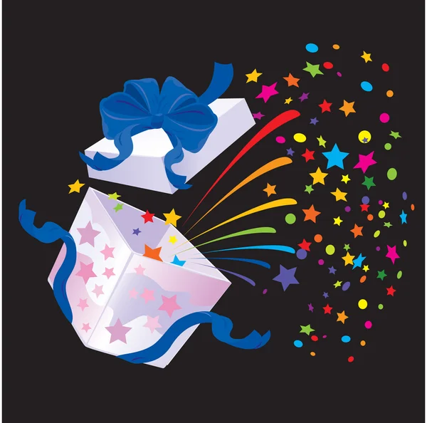 Caja de regalo abierta con colores de arco iris confeti — Vector de stock