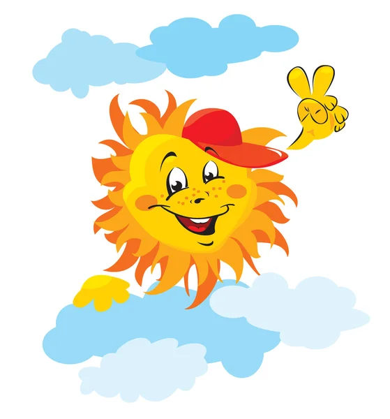 Sole sorridente cartone animato con nuvole — Vettoriale Stock