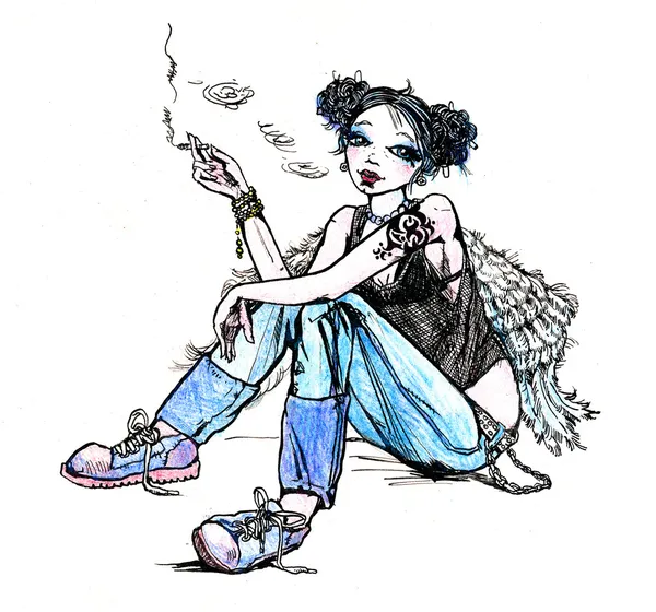 女孩天使嬉皮吸烟香烟-手绘插图 — 图库照片#