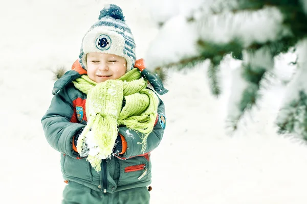 Portret mały chłopiec bawi się śniegu na zewnątrz w lesie zimą — Zdjęcie stockowe