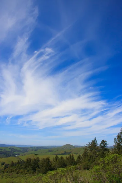 Зеленые холмы и облачное голубое небо — стоковое фото