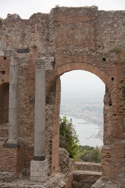 stock image View through ancient window in Taormina amphitheater