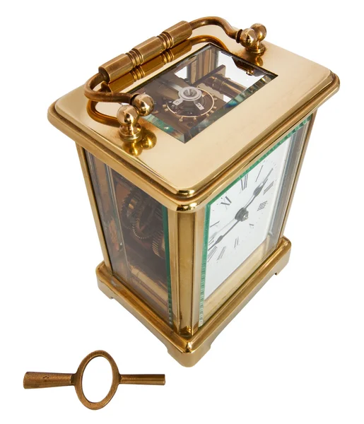 Starožitný kočár hodiny s římskými číslicemi a klíč — Stock fotografie