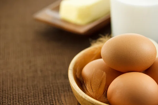 Eggs, milk and butter — Stock Photo, Image