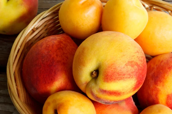 Saftiga nektariner och aprikoser i korg — Stockfoto