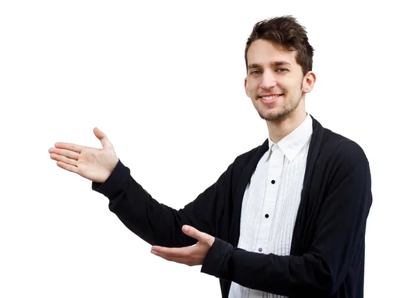 Successful Young Man Presenting over White Background — Stock Photo, Image