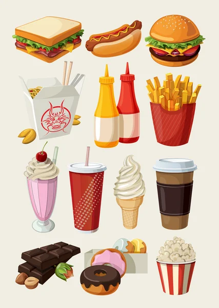 Set of colorful cartoon fast food icons. — Stock Vector