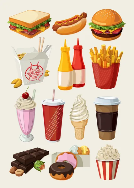 Set of colorful cartoon fast food icons. — Stock Vector