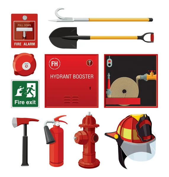 Conjunto de equipos contra incendios . — Archivo Imágenes Vectoriales