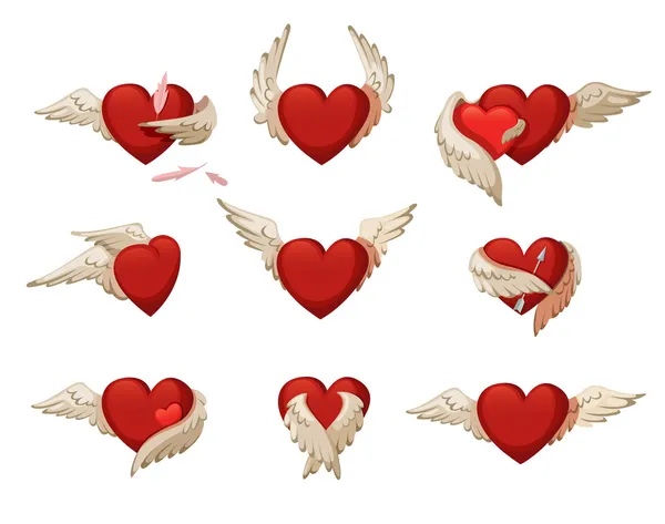Set van harten met vleugels. — Stockvector
