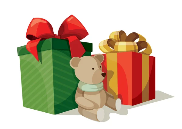 Zwei Geschenkboxen mit einem Teddybär — Stockvektor