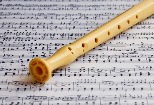 Flauta en una hoja de música —  Fotos de Stock