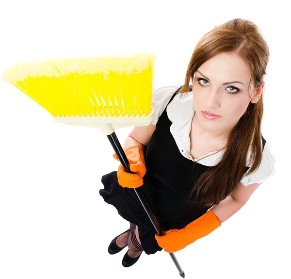 Mädchen putzt das Haus - erhöhter Blick — Stockfoto