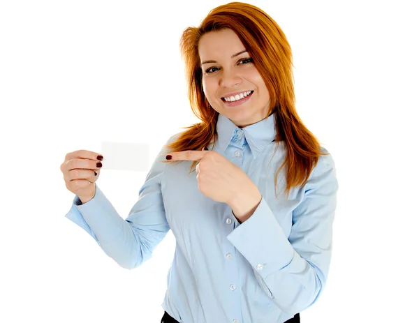 Redhead woman holding businesscard — Stock Photo, Image