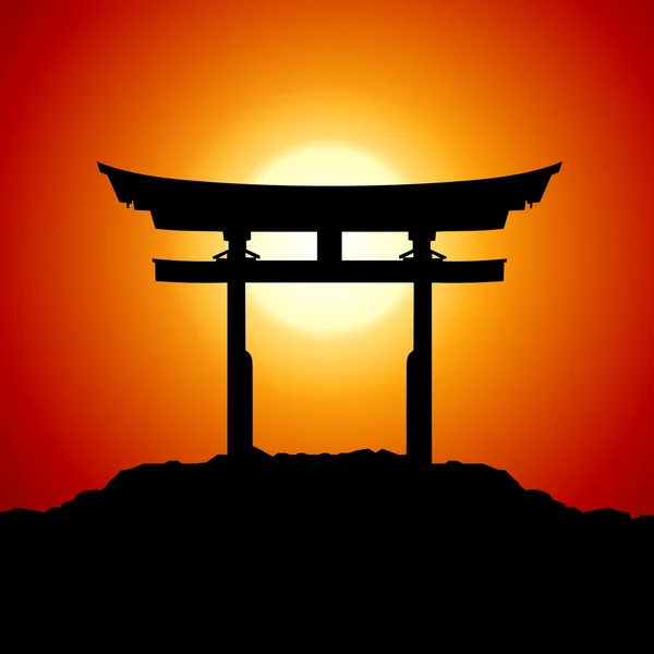 Закат с японскими воротами — стоковый вектор